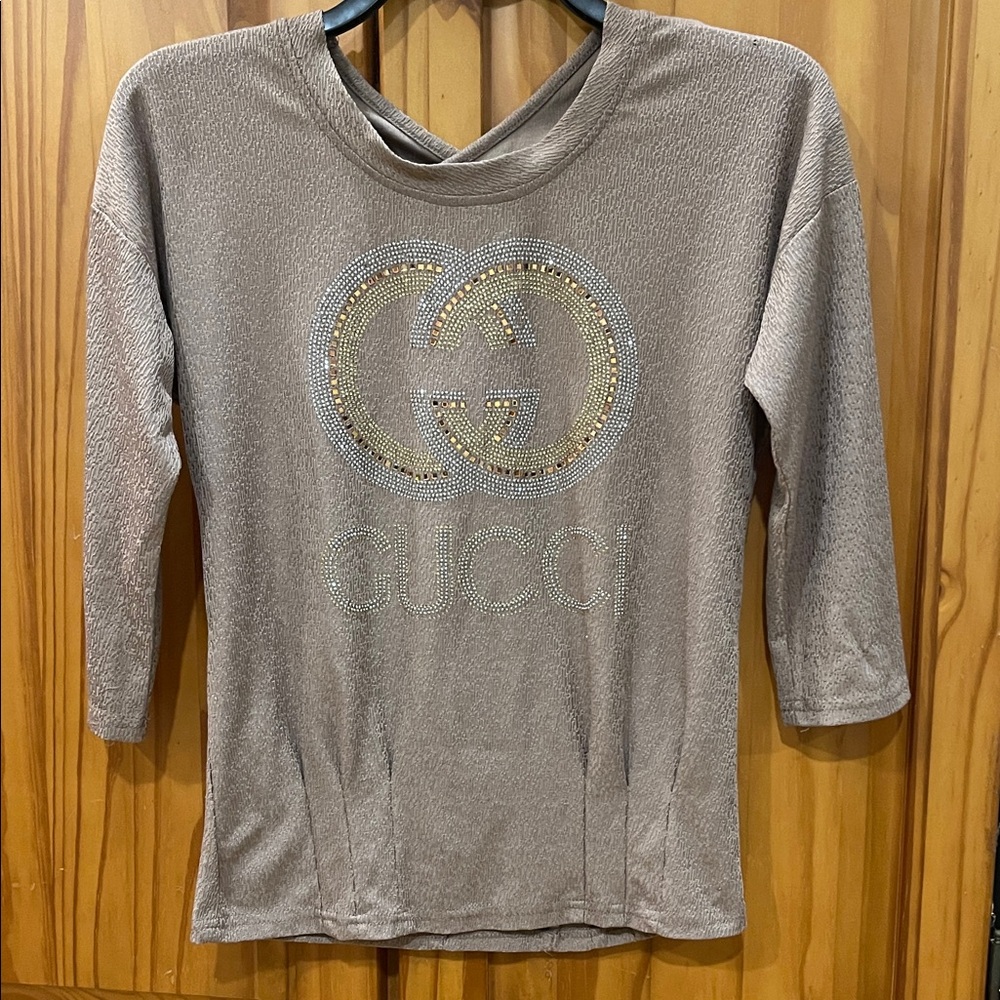 Taupe Crystal Logo Long Sleeve Top